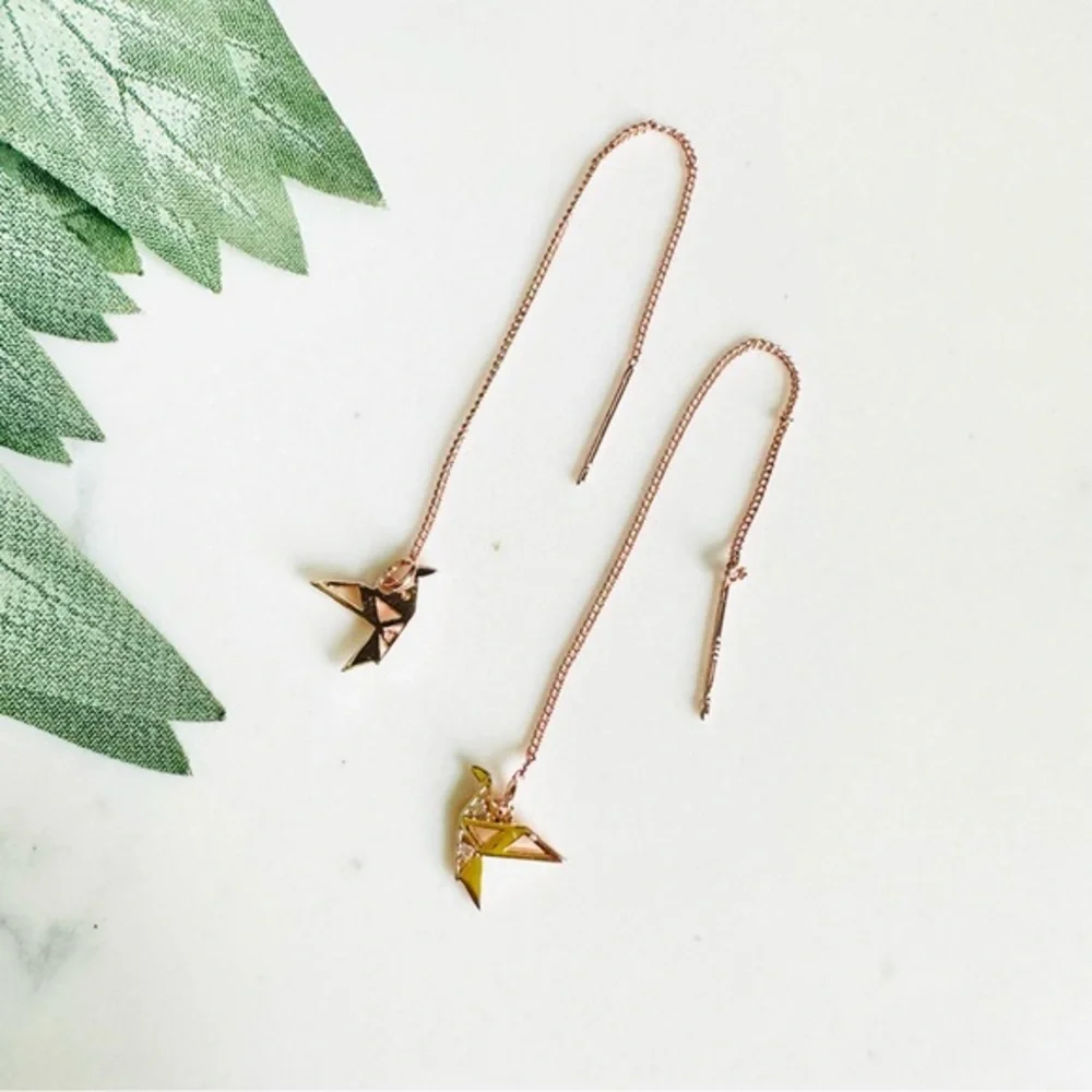 Origami Crane Bird Rose Gold Threader Earrings Delicate Long Chain Tassel - Picture 9 of 10